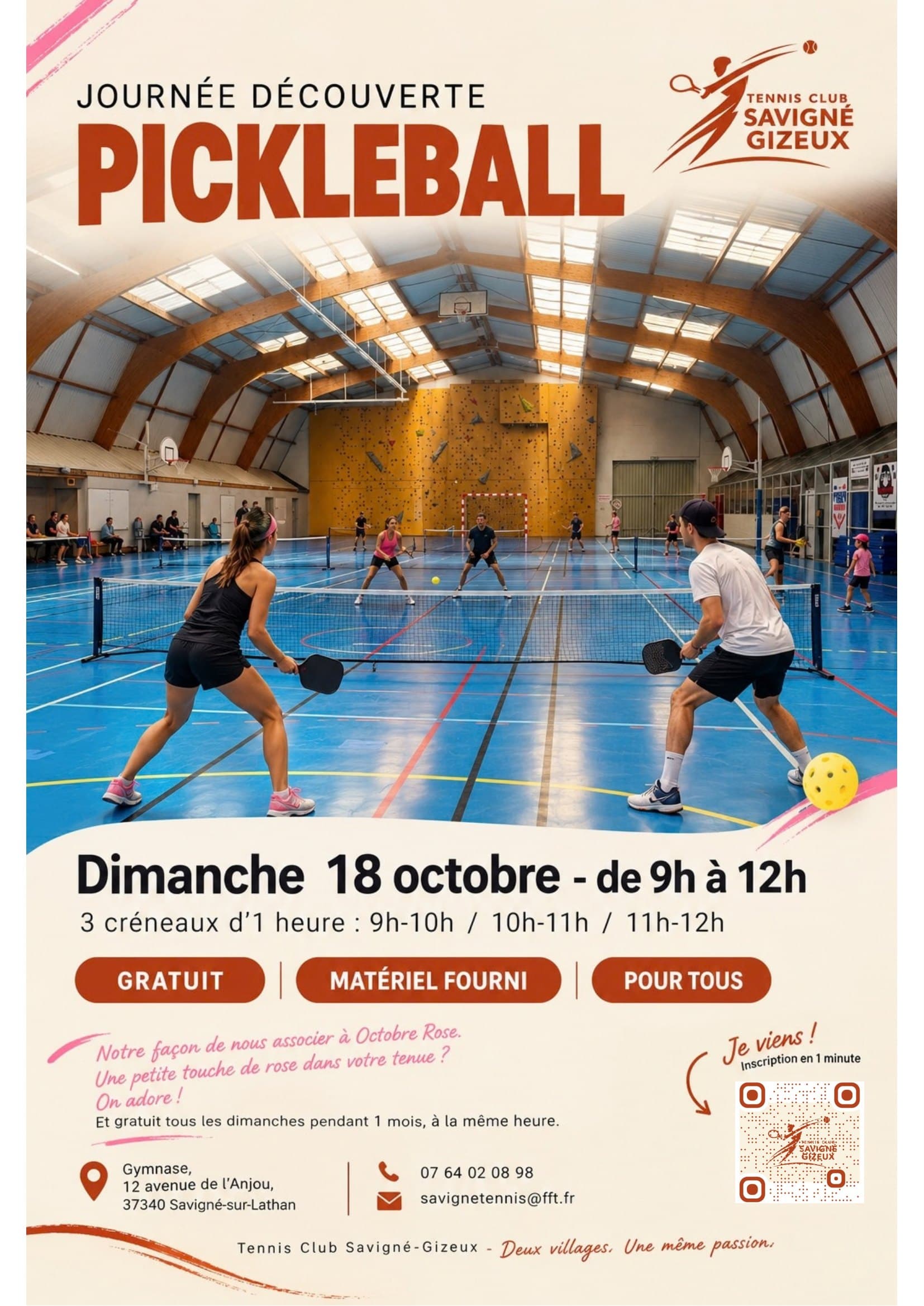 Affiche de la journée découverte pickleball — dimanche 18 octobre de 9 h à 12 h au gymnase, gratuit, matériel fourni, pour tous.